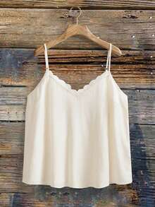 SHEIN VCAY Áo hai dây dáng rộng cổ chữ V màu trơn viền bèo nhún dành cho nữ cỡ lớn, phong cách bohemian mùa hè, thoải mái và lãng mạn khi mặc hàng ngày. - Màu be - Xem 4