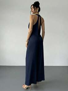 Firerie Women's Elegant Navy Blue Summer Night Out Deep V Plunging Neck Backless Cinched Waist Wide Leg Jumpsuit, Date Party Beach Vacation - Navy Blue - View 5