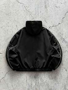 EVRINFINITE Manfinity Streetrush 男式撞色饰边连帽拉链长袖户外风衣夹克，外出连帽街头风黑色长袖轻便夹克，适合朋友、丈夫、男朋友的礼物，适合秋季、垃圾摇滚 - 黑色 - 查看 2