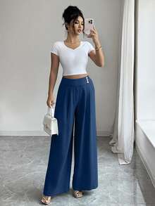 Elenzga Calça feminina elegante, moderna e urbana, azul-clara, de cintura alta e modelagem flare com botões dourados. Ideal para uso diário, casamentos, eventos de gala, trabalho, formaturas, feriados, férias, encontros, festas, Halloween, Natal, Ano Novo, Dia de Ação de Graças e casamentos. - Azul marinho - Ver 5