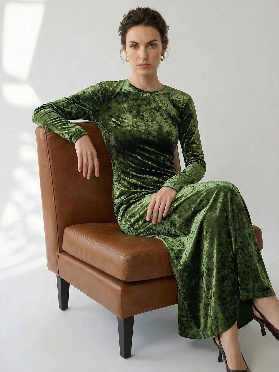 Vestido longo de malha de veludo com losangos minimalista Uhlyne, design elegante com bainha plissada para deslocamento diário, escritório, igreja, escola, casamento, outono/inverno - Borgonha - Ver 1