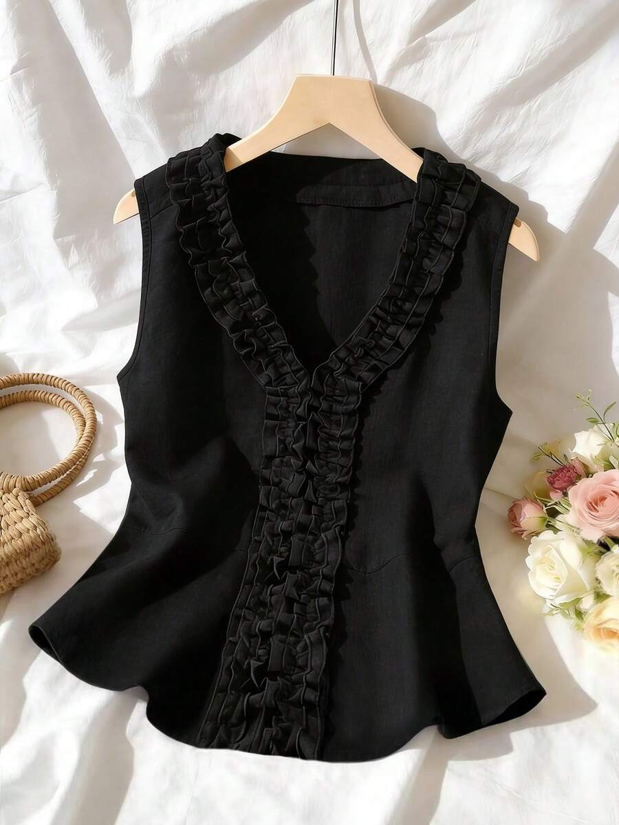 GlowEve 亚麻质感V领荷叶边腰部衬衫，优雅通勤度假女装 - 黑色 - 查看 1