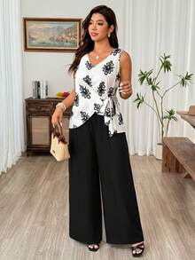 Weeklong 夏季时尚休闲度假法式复古优雅通勤V领不对称系带两件套 - 杏色 - 查看 4