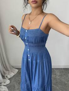 Elenzga Mono de mujer con efecto de mezclilla de unicolor, con botones a presión, sin mangas y con volantes - Azul - Ver 7