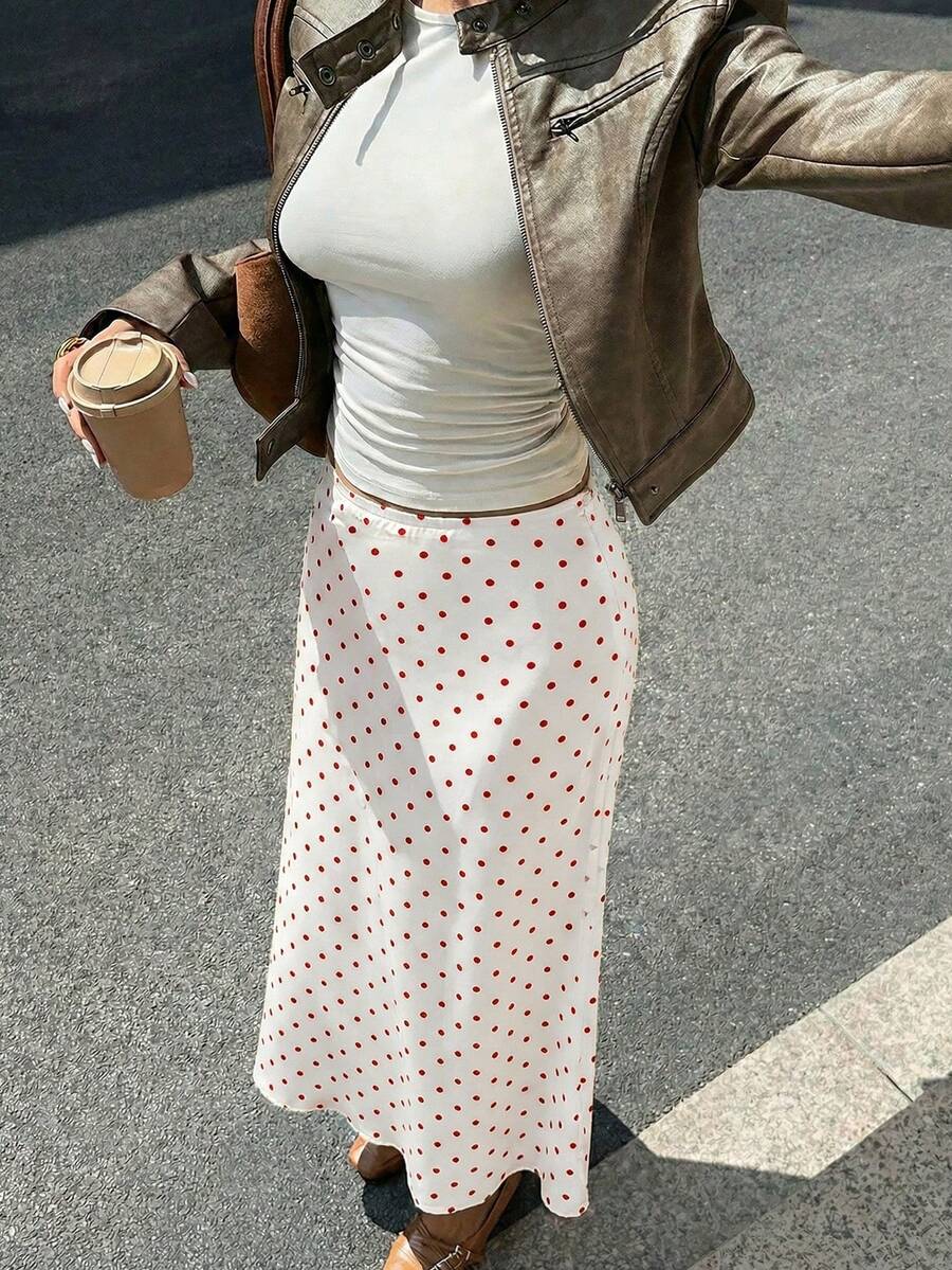 MainGRL White Satin Polka Dot Mermaid Hem Elegant Maxi Skirt, Suitable For Women, New Year, Party Wear - White - View 1