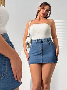 SHEIN 女士低腰迷你牛仔裙 休闲街头风 毛边 - 中等水洗藍 - 查看 7