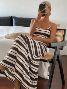 DAZY Vestido casual de verano nuevo a rayas para vacaciones en la playa para mujeres - Caqui - Ver 2