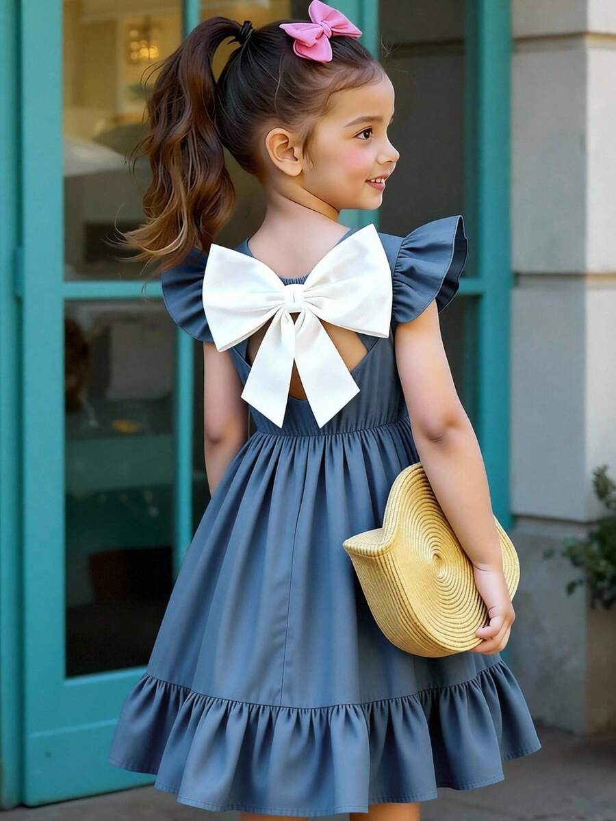 Elladie kids Tween女孩優雅灰藍色夏季派對洋裝,皇家藍荷葉邊中長版背後蝴蝶結設計陽光裙,復古休閒服飾 14-16 - 藍色 - 查看 1