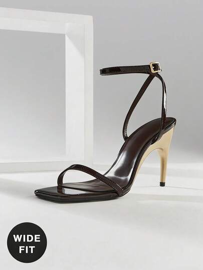 SHUZIA Women's Wide-Fit Elegant Minimalist Square Toe Ankle Strap Stiletto Heel Sandals
