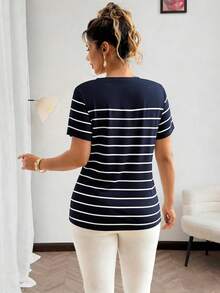 Vionelle Plus Size Round Neck Striped Short Sleeve T-Shirt Graphic Tees Women Tops - Navy Blue - View 2
