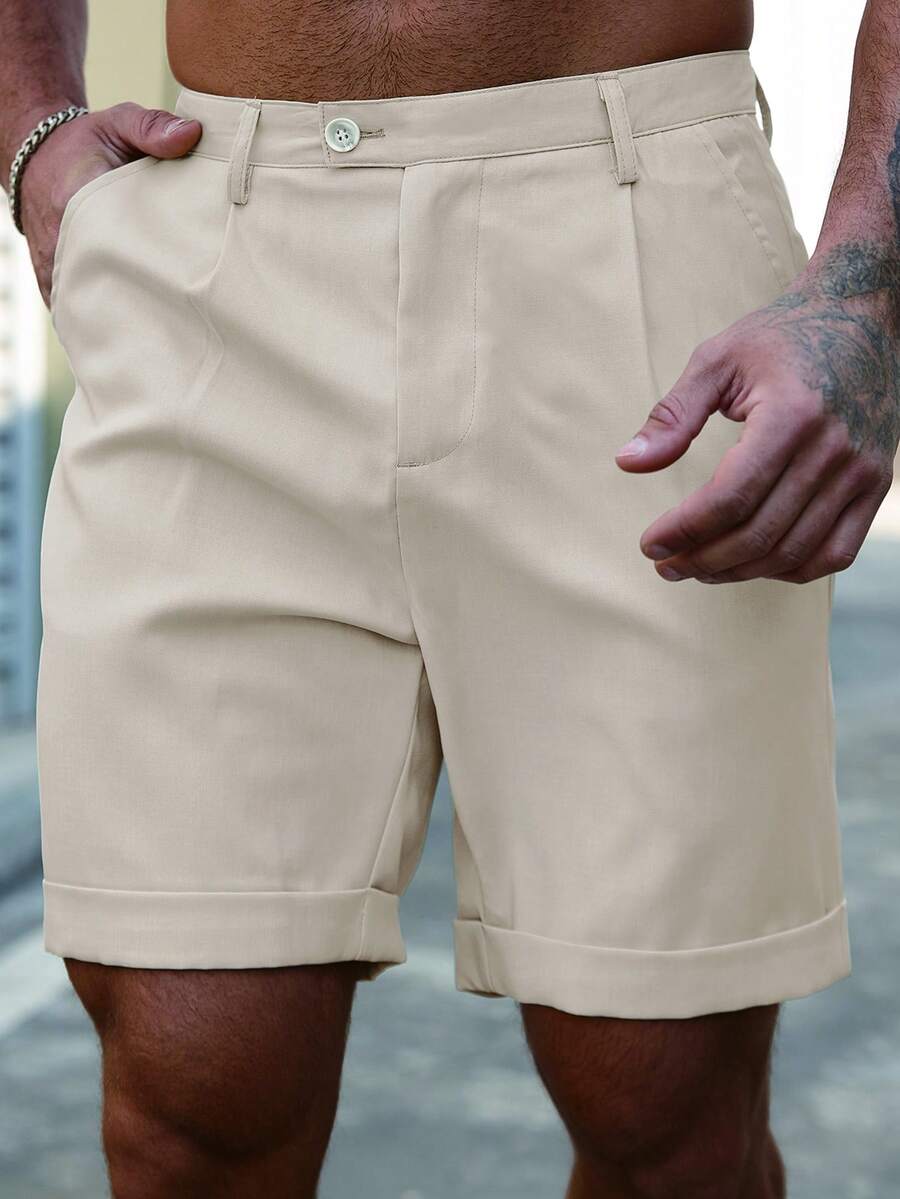 Manfinity Homme Plus Size Men's Solid Color Pleated Pocket Casual Shorts - Khaki - View 1