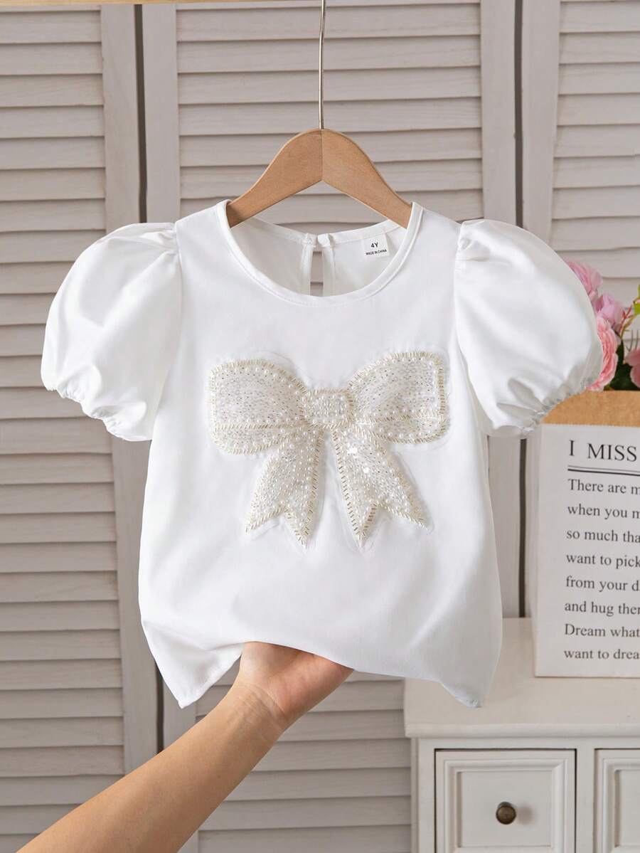 Elladie kids Young Girl Bow Decor Round Neck Short Sleeve Blouse - White - View 1
