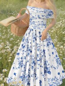 Serisse Kids Đầm trễ vai xếp ly in hoa cho bé gái tuổi teen - Xanh và trắng - Xem 3