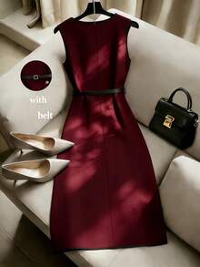 Franclia Casual Versatile Minimalist Round Neck Black Trim Belt Apricot Color Sleeveless Dress, Spring/Summer - Burgundy - View 2