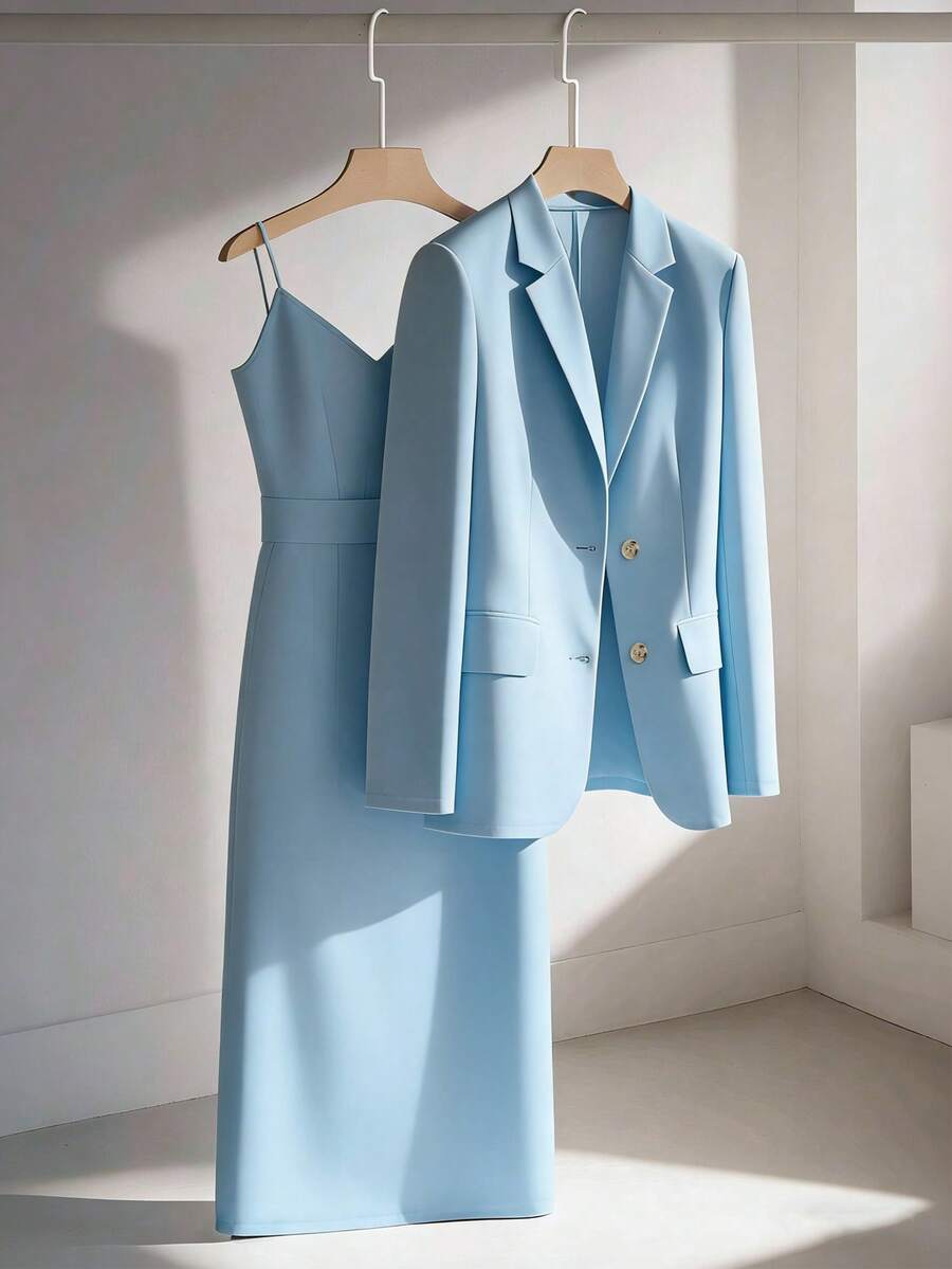 Franclia 休闲卡其色西装外套搭配吊带收腰直筒连衣裙，女士两件套，适合春秋季、商务/通勤场合，女士套装，半身裙两件套，女士休闲商务装，秋季 - 淺藍色 - 查看 1