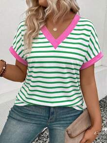 EMERY ROSE Women's Spring/Summer New Arrival Striped & Printed Color Block Design Casual Versatile Plus Size T-Shirt - Multicolor - View 3