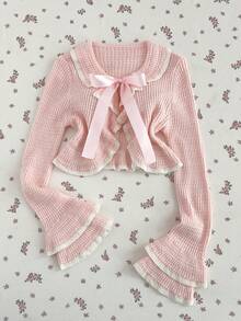 Elamini Cárdigan de manga larga con lazo y volantes en color rosa, versátil para primavera y verano - Rosa - Ver 5