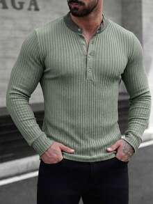 Men's Solid Casual Ribbed Button Front Great Quality Polo Neck Long Sleeve Top - Army Green - View 4
