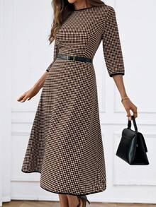 Miaspire Plus Size Women's Summer Casual Vacation Elegant Plaid Vintage Round Neck 3/4 Sleeve Dress,Spring Break Outfits ,Vacation Outfits Women ,Holiday Outfits For Women,Going Out Outfits,2026 New Clothes,Simple And Fashionable For Everyday Wear, Elegant Midi Dress Midi Check Dress Elegant Dress Checkered Dress - Coffee Brown - View 7