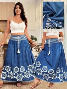 Weeklong Plus Size Women's Summer New Bohemian Style Blue Print Tassel Tie Vintage Drape Skirt. Suitable For: Vacation, Casual Daily, Light Social Occasions, Sightseeing, Beach, Ancient Town Beach Skirt For Women Women's Summer Outfits - Blue - View 1