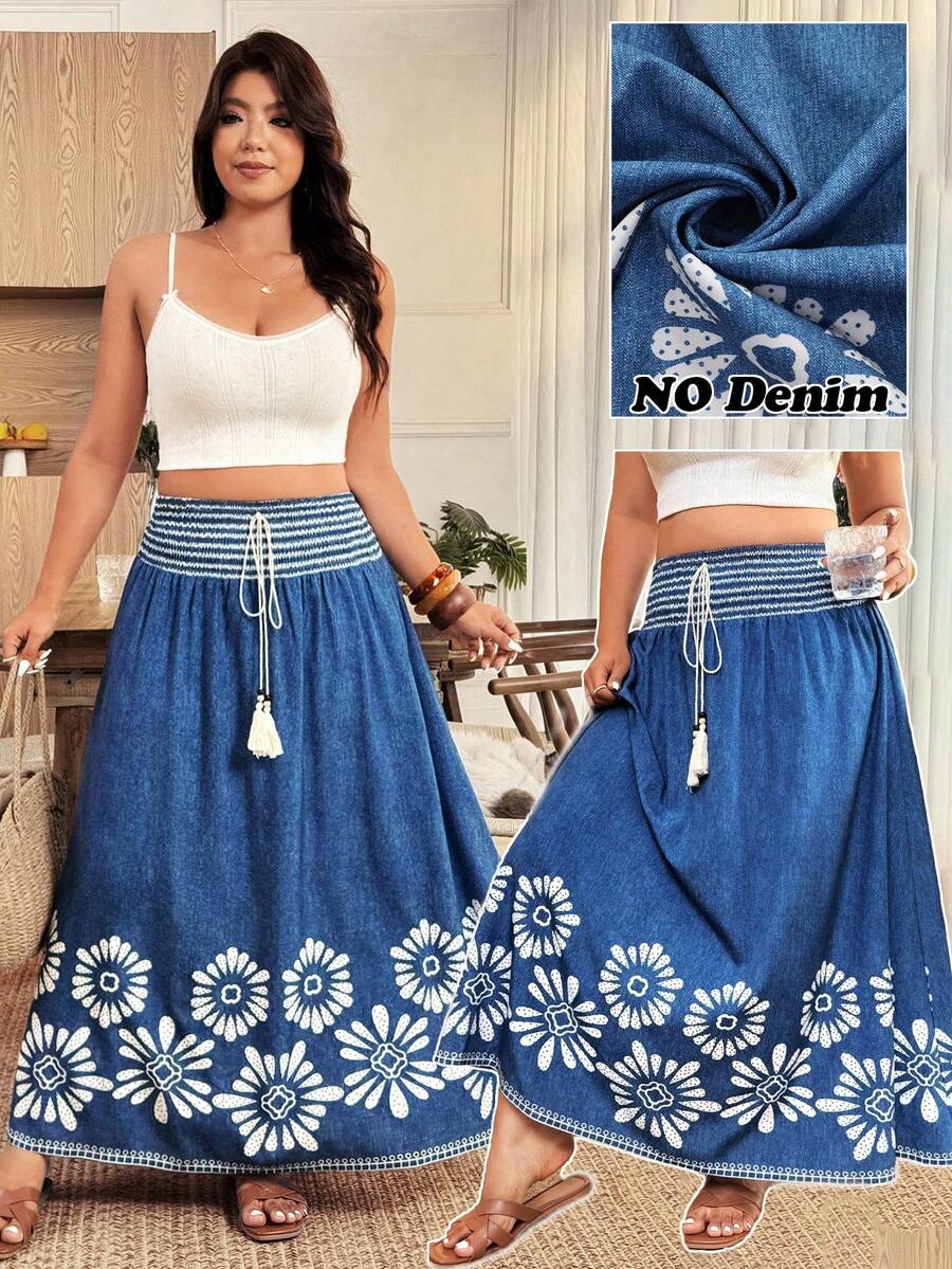 Weeklong Plus Size Women's Summer New Bohemian Style Blue Print Tassel Tie Vintage Drape Skirt. Suitable For: Vacation, Casual Daily, Light Social Occasions, Sightseeing, Beach, Ancient Town Beach Skirt For Women Women's Summer Outfits - Blue - View 1