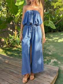 Sunnyshic Áo quây xếp ly thắt nút dành cho nữ và quần jeans ống rộng có túi - Trang phục thường ngày cho kỳ nghỉ. - Màu xanh lam - Xem 7