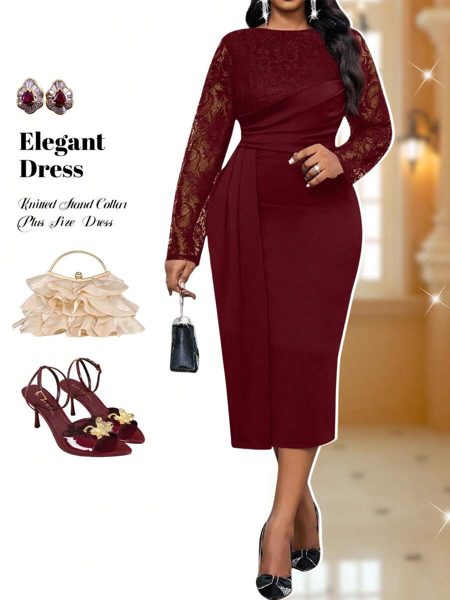 Fleurora 秋冬优雅通勤办公室彩色针织立领喇叭中长袖大码连衣裙冬季女装感恩节女装冬季服装长袖连衣裙冬季冬装优雅服装秋季女装黑色长袖连衣裙秋季女装秋季服装曲线优雅女装 - 酒紅色 - 查看 1