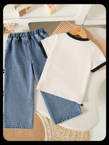 SHEIN Elladie kids Áo thun in nơ cổ tròn đơn giản mùa hè cho bé gái, quần dài cạp chun, quần denim dài, quần dài thắt nơ bên hông, bộ đồ ngọt ngào, thời trang thường ngày - Nhiều màu - Xem 2