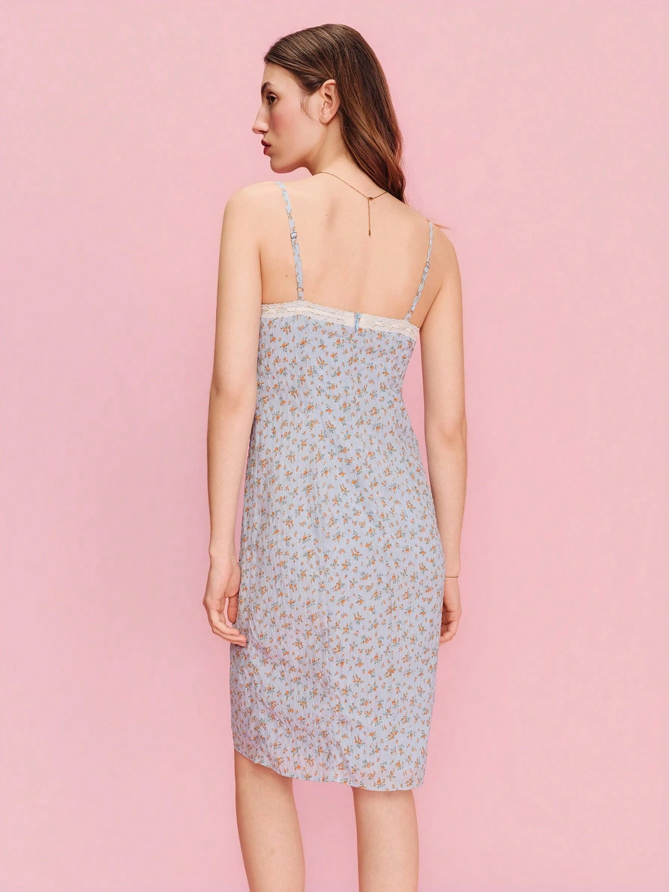 Blue Floral-Print Midi Dress With White Lace Details Cute Spring Summer Style Cute Summer Dress Holiday Dress Vacation Dress French Style Parisian Style