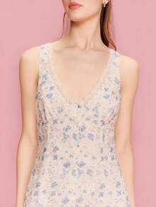 lacRébo Đầm ngắn màu trắng thêu họa tiết hoa xanh, cổ chữ V, chân váy xòe, kiểu dáng dễ thương, thích hợp cho mùa xuân hè, đi nghỉ mát, phong cách Pháp, Paris. - trắng - Xem 4