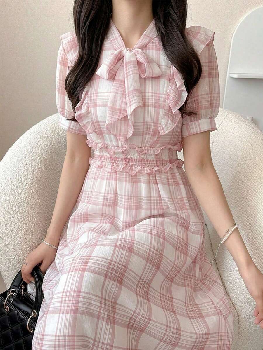 FRIFUL 女士春夏格子收腰褶皱荷叶边喇叭形休闲长款连衣裙/太阳裙 - 粉色 - 查看 1