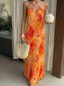 Aloruh 新款春夏露背吊带褶皱印花连衣裙，优雅性感度假风，适合婚礼宾客、海滩度假等场合，橙色印花连衣裙，黄色印花连衣裙，女士夏季连衣裙，女士夏季沙滩连衣裙，女士夏季穿搭 - 橘色 - 查看 14