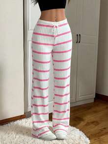 Pantalones casuales de mujer con cintura con cordón acanalado, para primavera/otoño - Rosa Fucsia - Ver 3