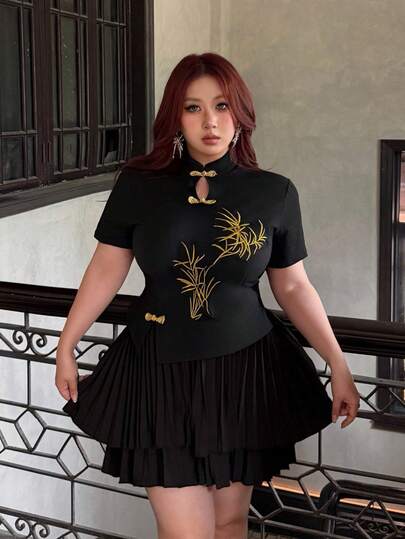 Vibekara 沙滩女装，露背装，生日礼服，度假装，外出上衣，新款中国风甜美小巧蛋糕裙套装，五袖T恤+短旗袍裙，中国风刺绣两件套，新款中国风夏季装，新款中国风竹绣纽扣短袖T恤，百褶裙简约优雅百搭时尚套装