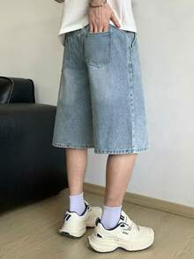 SHEIN 青少年男孩时尚返校节街头服饰混搭百搭设计 Y2K 复古酷炫街头老钱返校节街头服饰混搭百搭设计棉质弹力腰带口袋返校节街头服饰混搭百搭设计牛仔短裤，日常夏季春季锐舞节和海滩穿着 - 藍色 - 查看 2