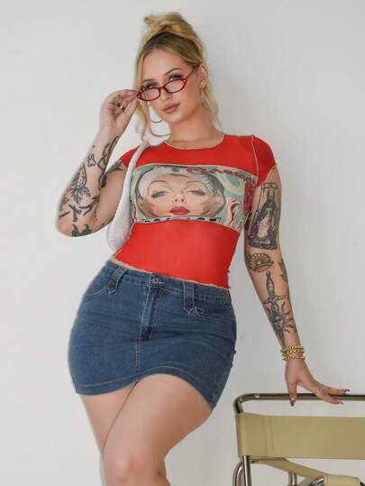 Arliah Áo thun ngắn tay thường ngày in khối màu dành cho nữ, mùa hè