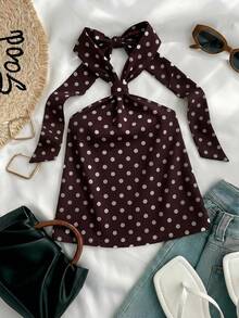 Áo mùa hè cho thiếu nữ, áo hai dây buộc cổ thắt nút kiểu dáng thường ngày, áo kiểu bohemian, áo chấm bi mềm mại, áo kiểu bohemian. - màu nâu - Xem 5