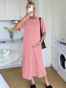 Slowluna Pregnant Women Solid Color Round Neck Short Sleeve Casual Dress - Pink - View 9