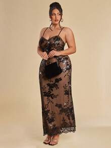SHEIN BAE Plus Size Women's Elegant Black Summer Floral Sequin Maxi Dress,Sheer Mesh Lace Spaghetti Strap Evening Gown,Night Out Club Party Special Occasion - Black - View 4