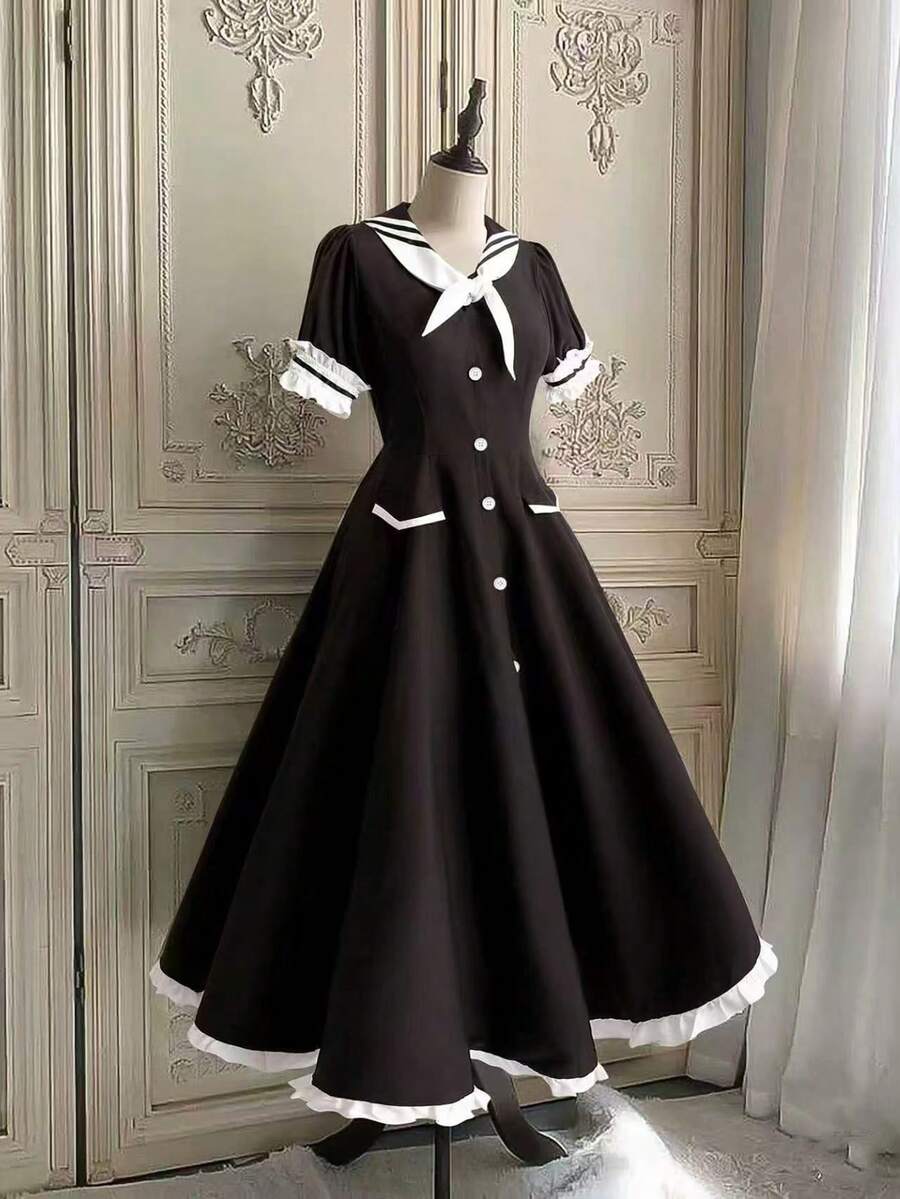 Sweetra Casual Contrast Color Short Sleeve Dress - Black and White - View 1