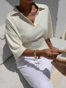 Aloruh 女士休闲百搭Polo领T恤/短款上衣/夏季衬衫 - 杏色 - 查看 6