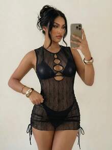 Swim SXY Bộ 3 món/set 2026 mới bằng vải PU, quần lọt khe tam giác buộc dây + váy ren lượn sóng tay ngắn khoét eo có dây rút bên hông, bộ bikini gợi cảm, thoải mái cho kỳ nghỉ biển của phụ nữ. - màu đen - Xem 5