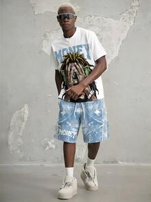 Manfinity ZONE917 男士字母印花短袖T恤和短裤休闲套装 - 淺藍色 - 查看 8