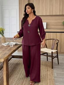Women's Plus Size Spring/Summer Casual Mid-Sleeve Button Decor V-Neck Shirt And Straight Leg Pants 2-Piece Set, Suitable For Daily And Vacation Wear - Burgundy - View 4