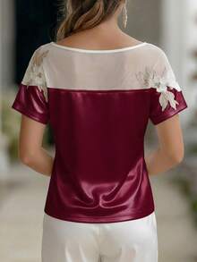 Balvessa 女士优雅圆领修身日常、度假、休闲、派对花卉装饰缎面衬衫，做工精良，春夏休闲短袖衬衫 - 彩色 - 查看 2