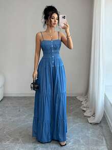 Elenzga Mono de mujer con efecto de mezclilla de unicolor, con botones a presión, sin mangas y con volantes - Azul - Ver 3