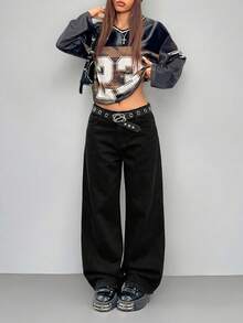 SHEIN PETITE Pantalones vaqueros negros de mujer con estilo Y2K viral, cintura alta, pierna ancha con ojales metálicos, ropa casual de calle para verano. Pantalones vaqueros de mujer con diamantes incrustados, cintura baja, pierna ancha, estilo Y2K para festivales de música - Negro - Ver 4