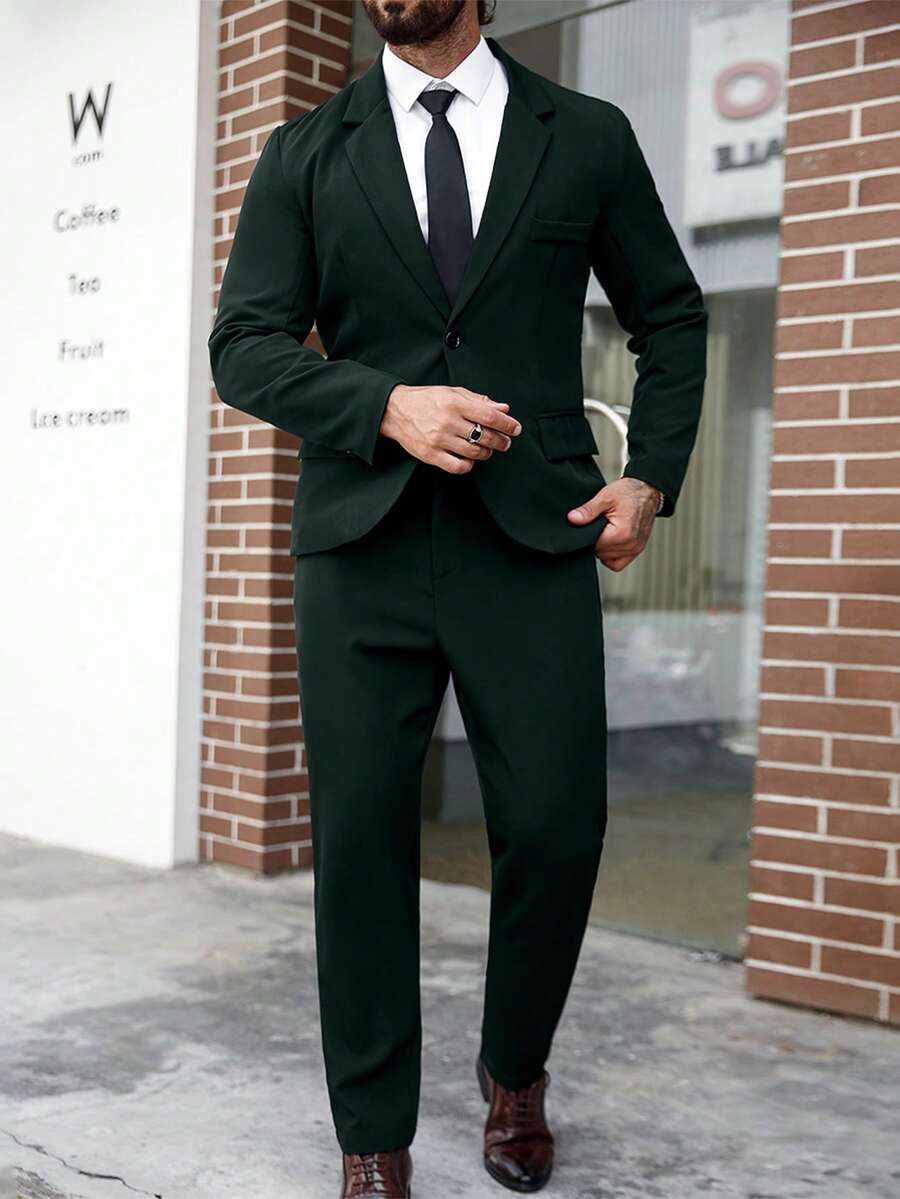 Manfinity Mode Men's Plus Size Solid Color Lapel Neck Single-Breasted Suit Blazer And Pants Set, Formal, Ceremony - Dark Green - View 1