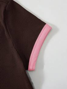 SHEIN EZwear 大码女式标语印花圆领短袖休闲连体衣 - 巧克力棕 - 查看 3