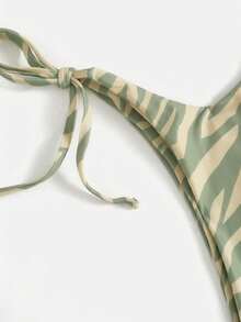 SHEIN Swim Conjunto de bikini estampado para vacaciones en la playa de mujer, estampado aleatorio - Verde Oliva - Ver 5